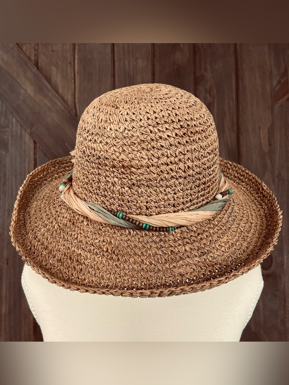 Wide Brim Straw Sun Hat | Boho Beaded Band | Beach Vacation Resort Wear - Picture 2 of 4